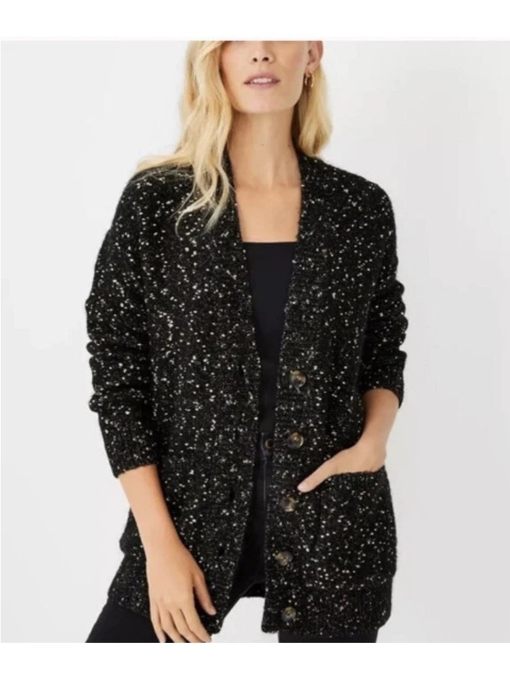 Ann Taylor Black and Gold Speckled Button-Up Cardigan